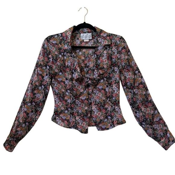Vintage Try 1 Black Floral Ruffled Cropped Blouse Sz S Y2K, Feminine - Picture 1 of 12